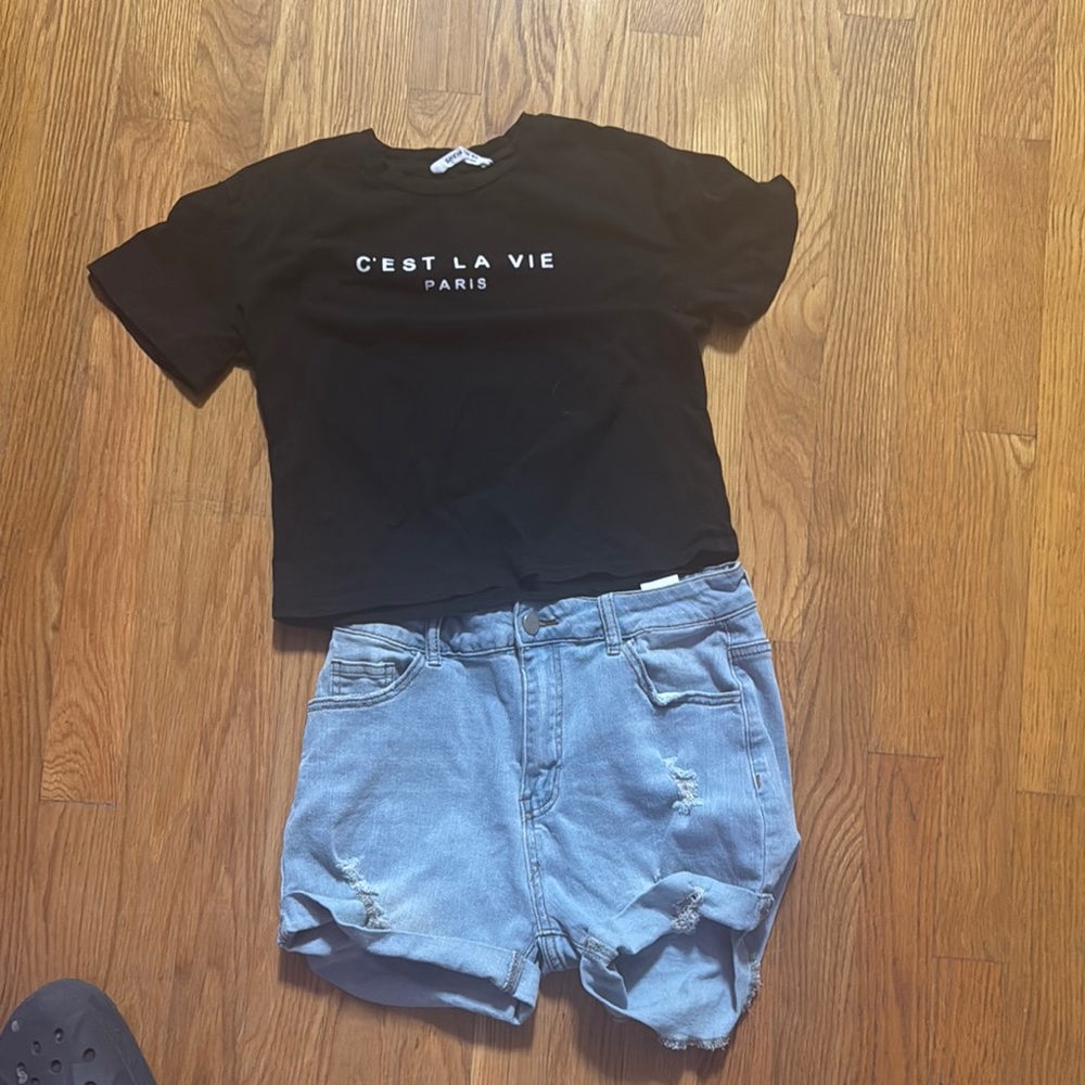Black Graphic Tee and Light Blue Denim Shorts
